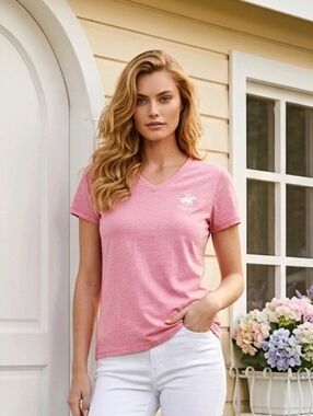 Beverly Hills Polo Club Womens V-Neck T-Shirt Pink Heather Embroidered Logo L